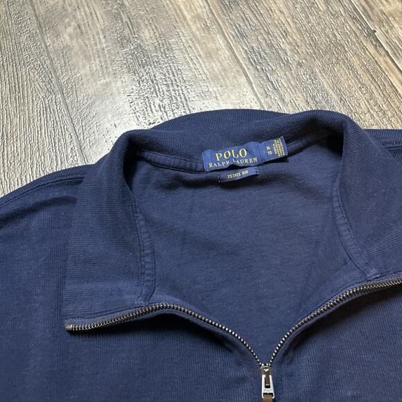 Men Polo Ralph Lauren Mesh-Knit Cotton Quarter-Zip Sweater Sz XL Navy Blue Prep - Picture 3 of 4